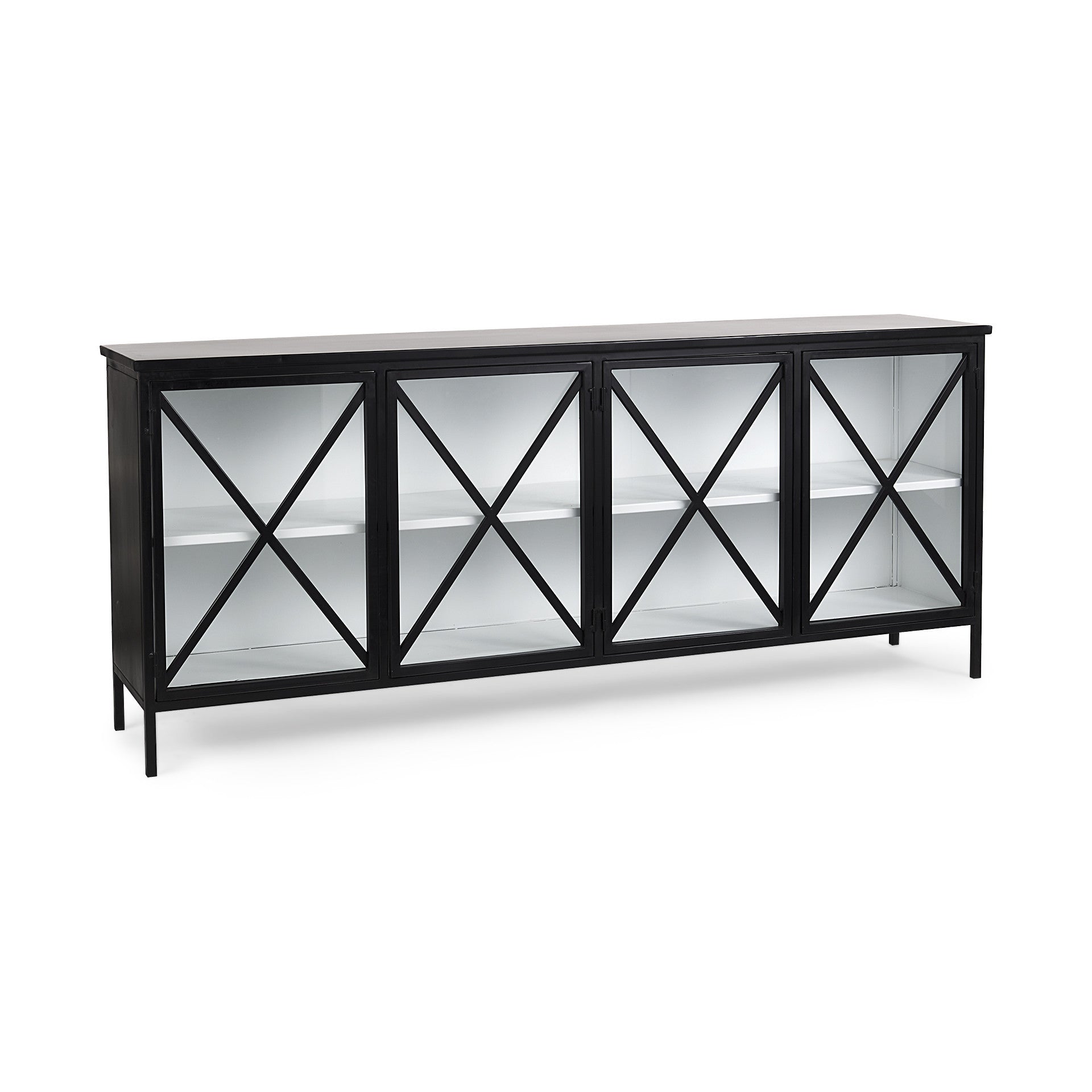 79" Black And White Iron Sideboard Soft Close with Four Glass Doors