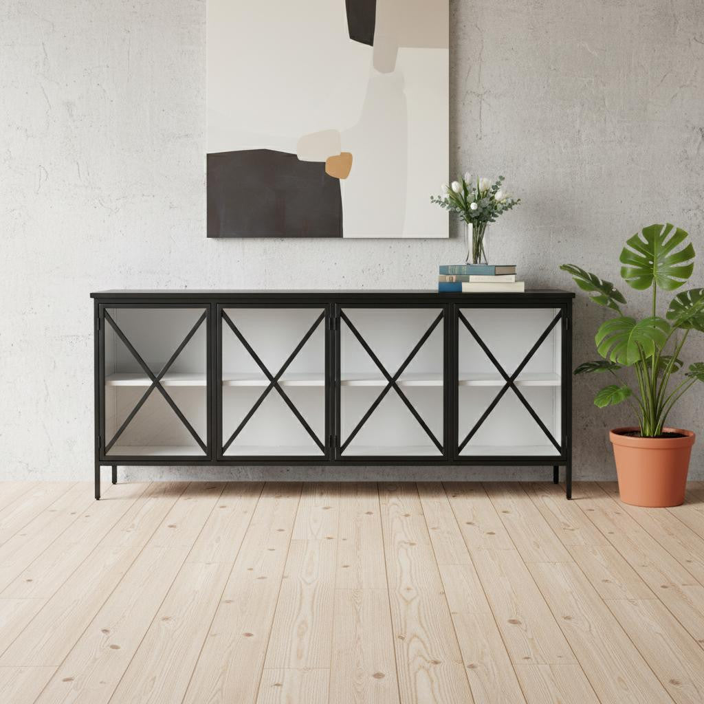 79" Black And White Iron Sideboard Soft Close with Four Glass Doors