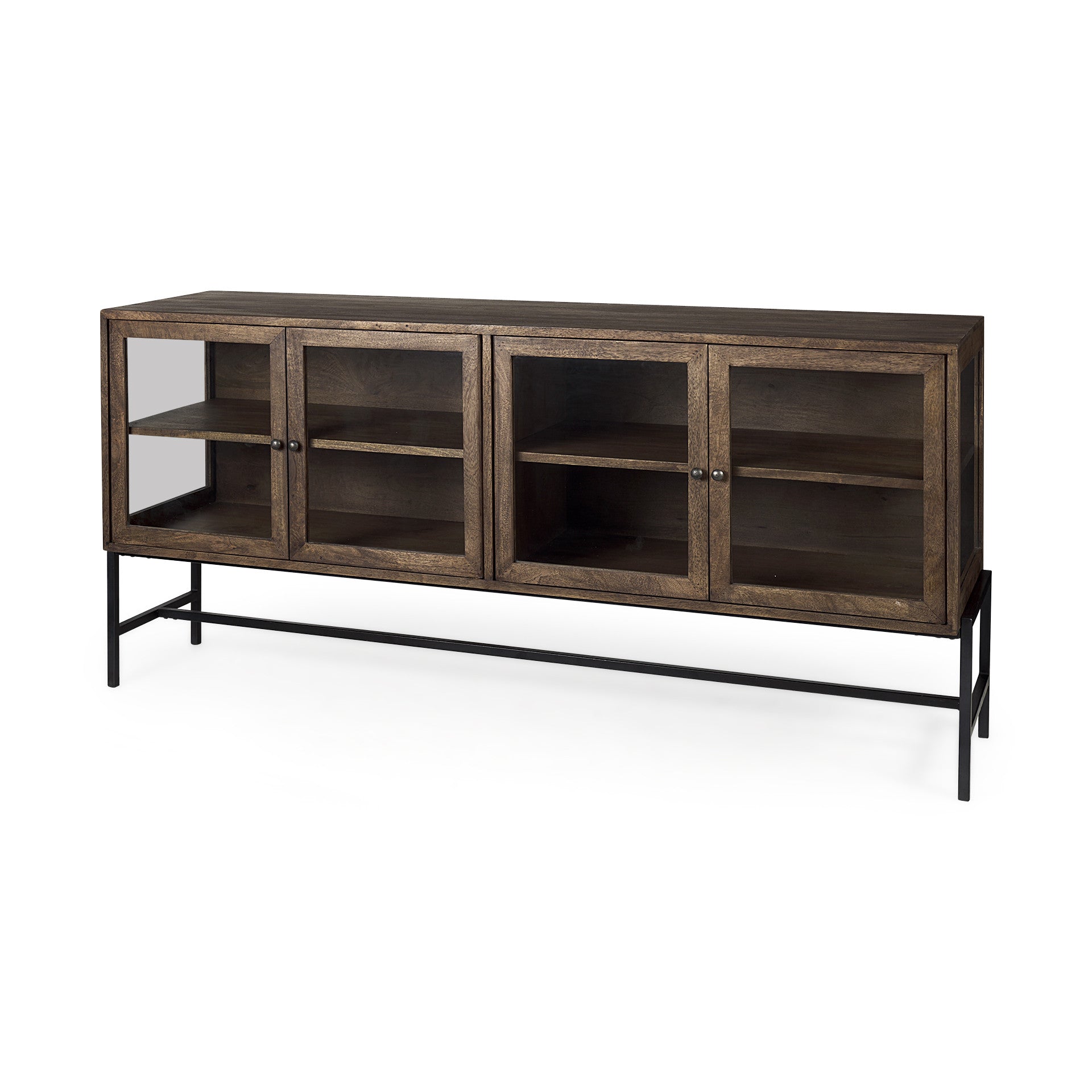 70" Black And Brown Solid Wood Sideboard Soft Close with Four Glass Doors