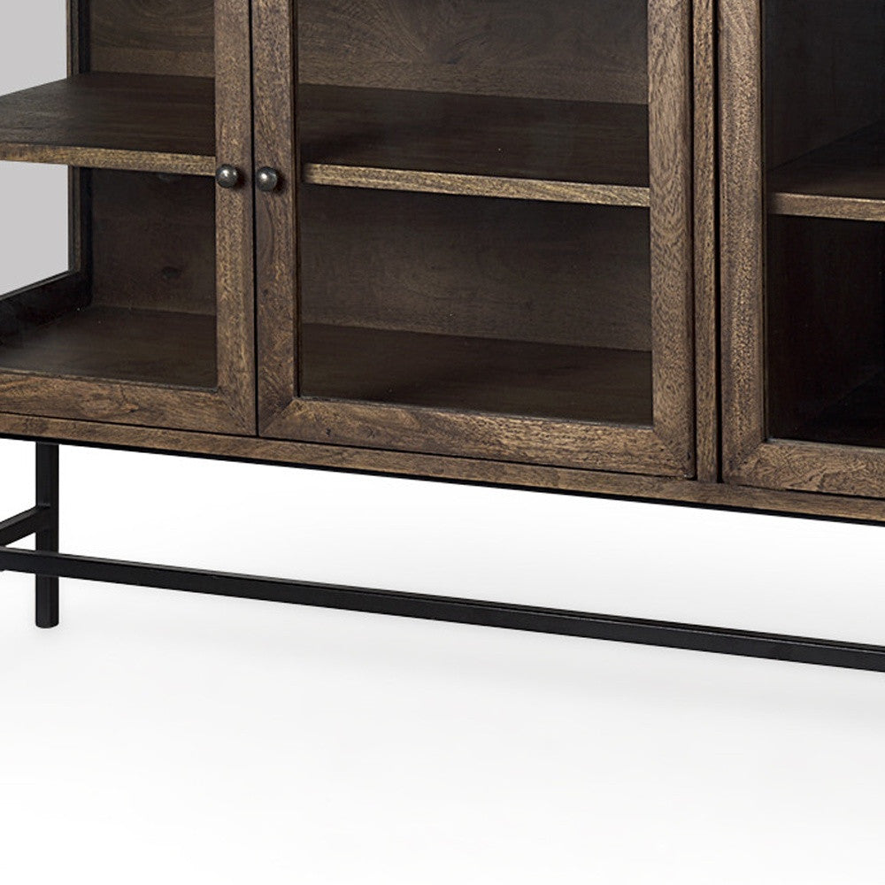 70" Black And Brown Solid Wood Sideboard Soft Close with Four Glass Doors