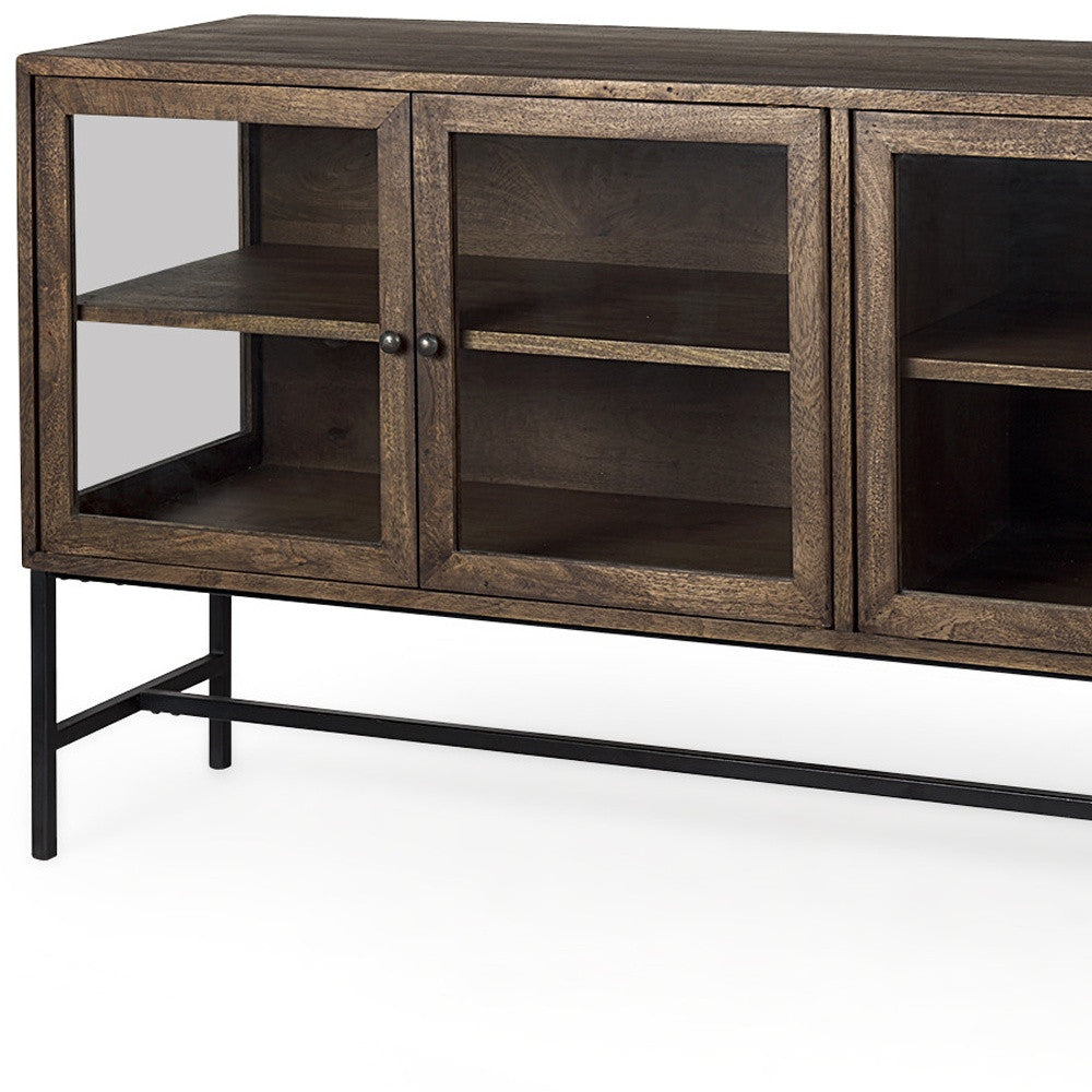 70" Black And Brown Solid Wood Sideboard Soft Close with Four Glass Doors