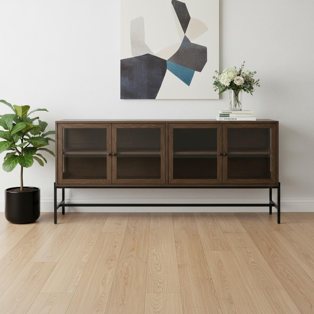 70" Black And Brown Solid Wood Sideboard Soft Close with Four Glass Doors
