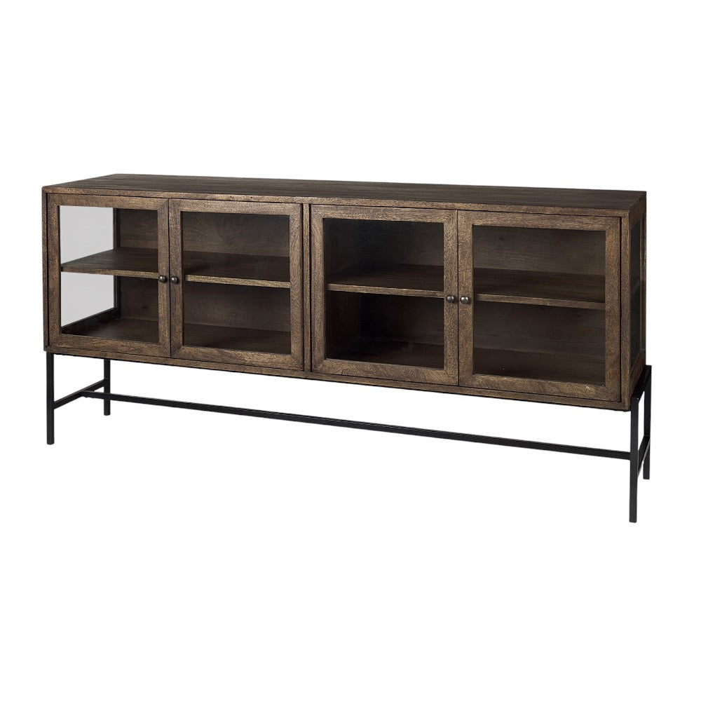 70" Black And Brown Solid Wood Sideboard Soft Close with Four Glass Doors