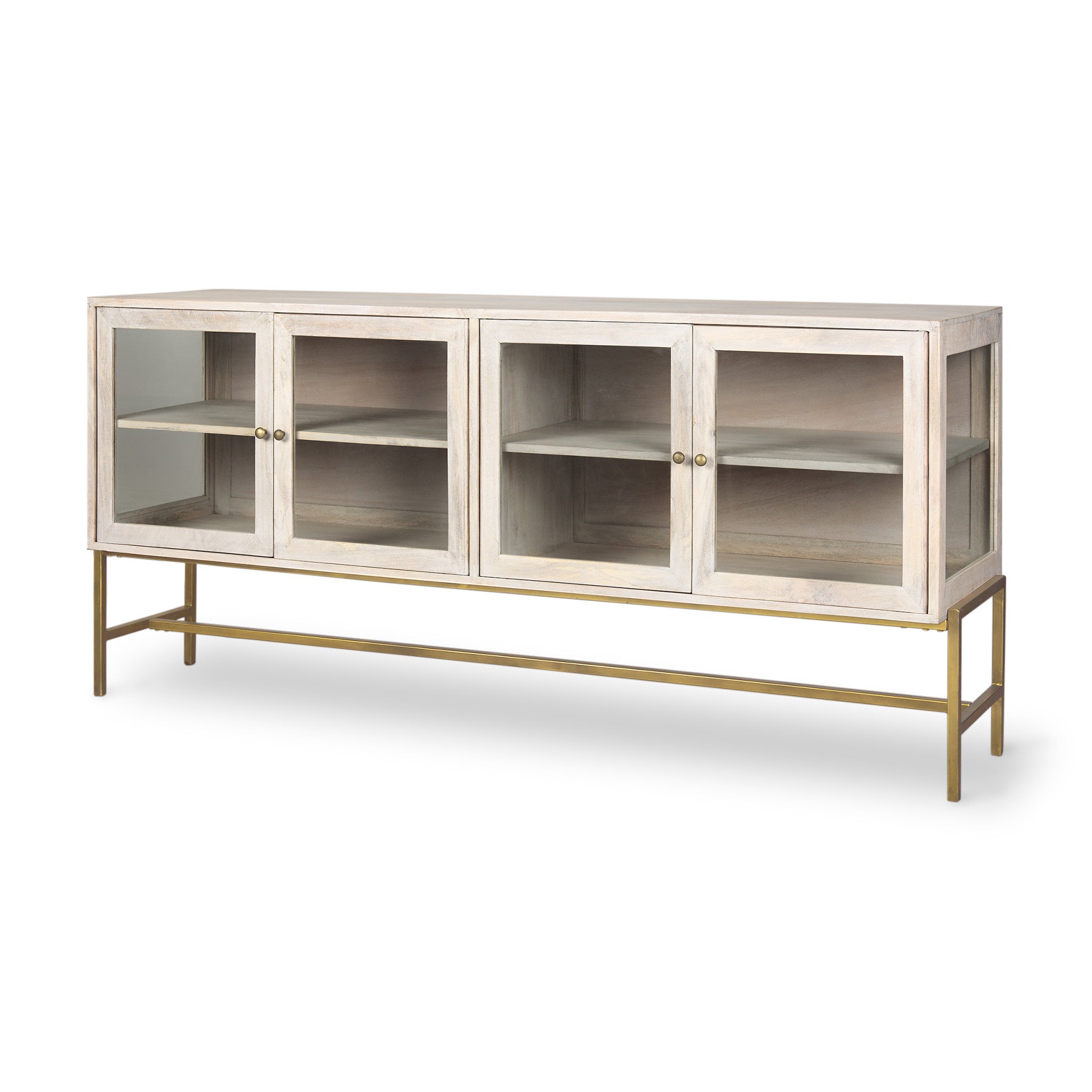 70" Gold And White Solid Wood Sideboard Soft Close with Four Glass Doors