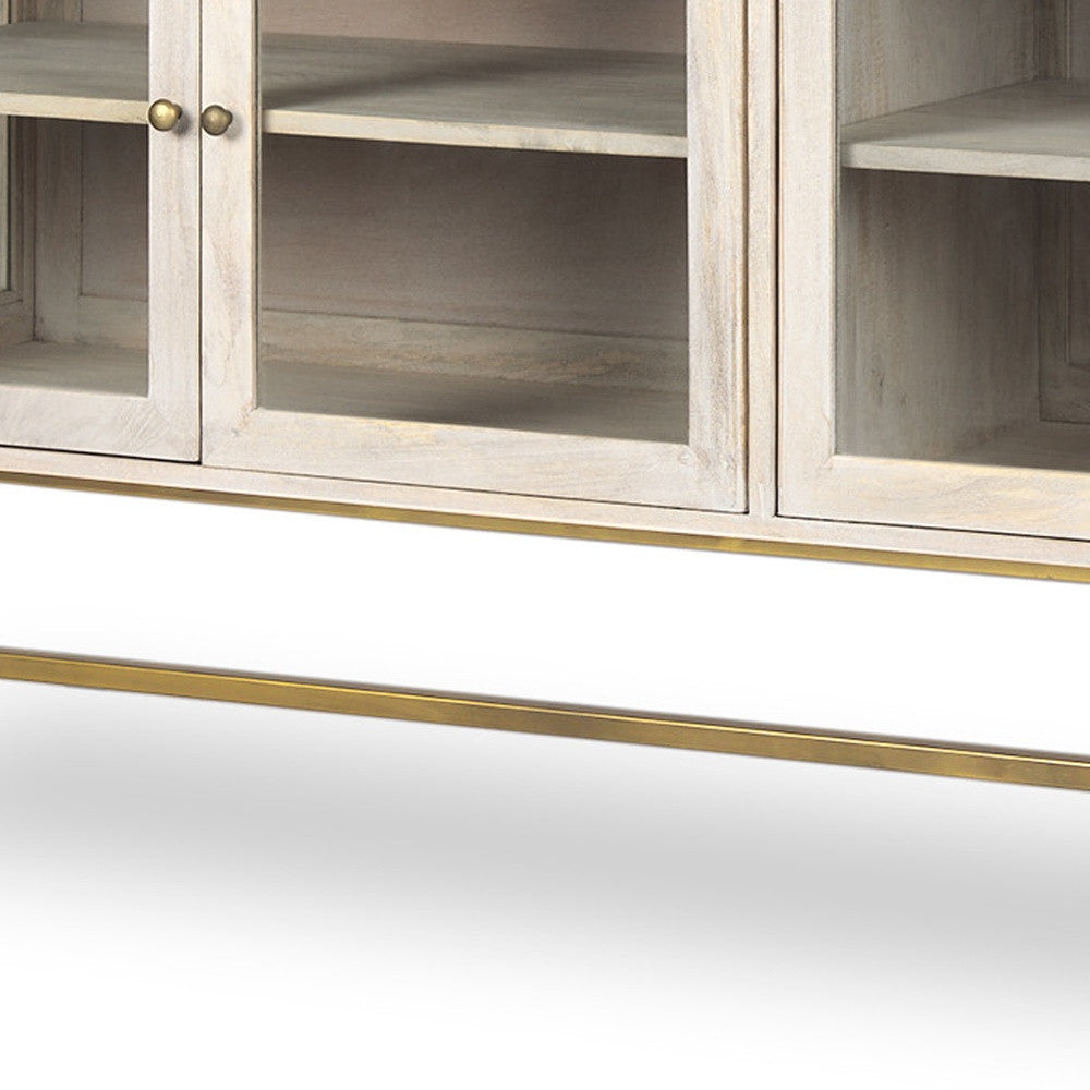 70" Gold And White Solid Wood Sideboard Soft Close with Four Glass Doors
