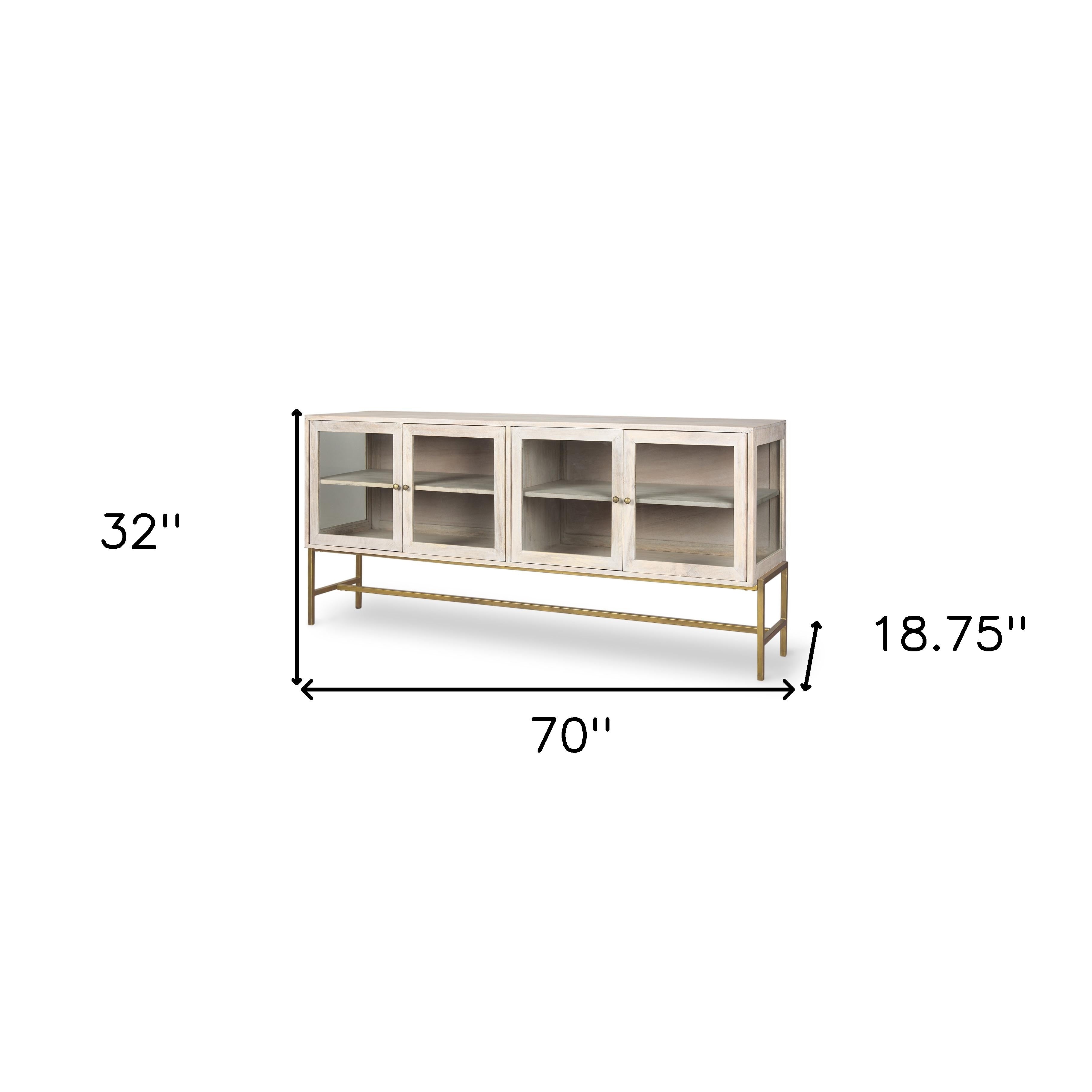 70" Gold And White Solid Wood Sideboard Soft Close with Four Glass Doors