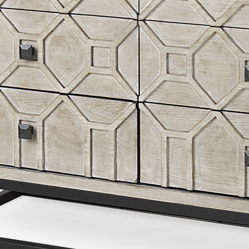 70" Light Brown Wood Carved Geometric Nine Drawer Sideboard