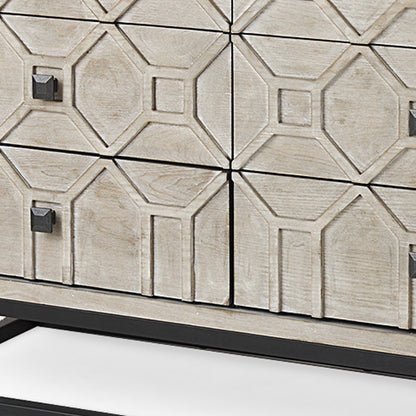 70" Light Brown Wood Carved Geometric Nine Drawer Sideboard