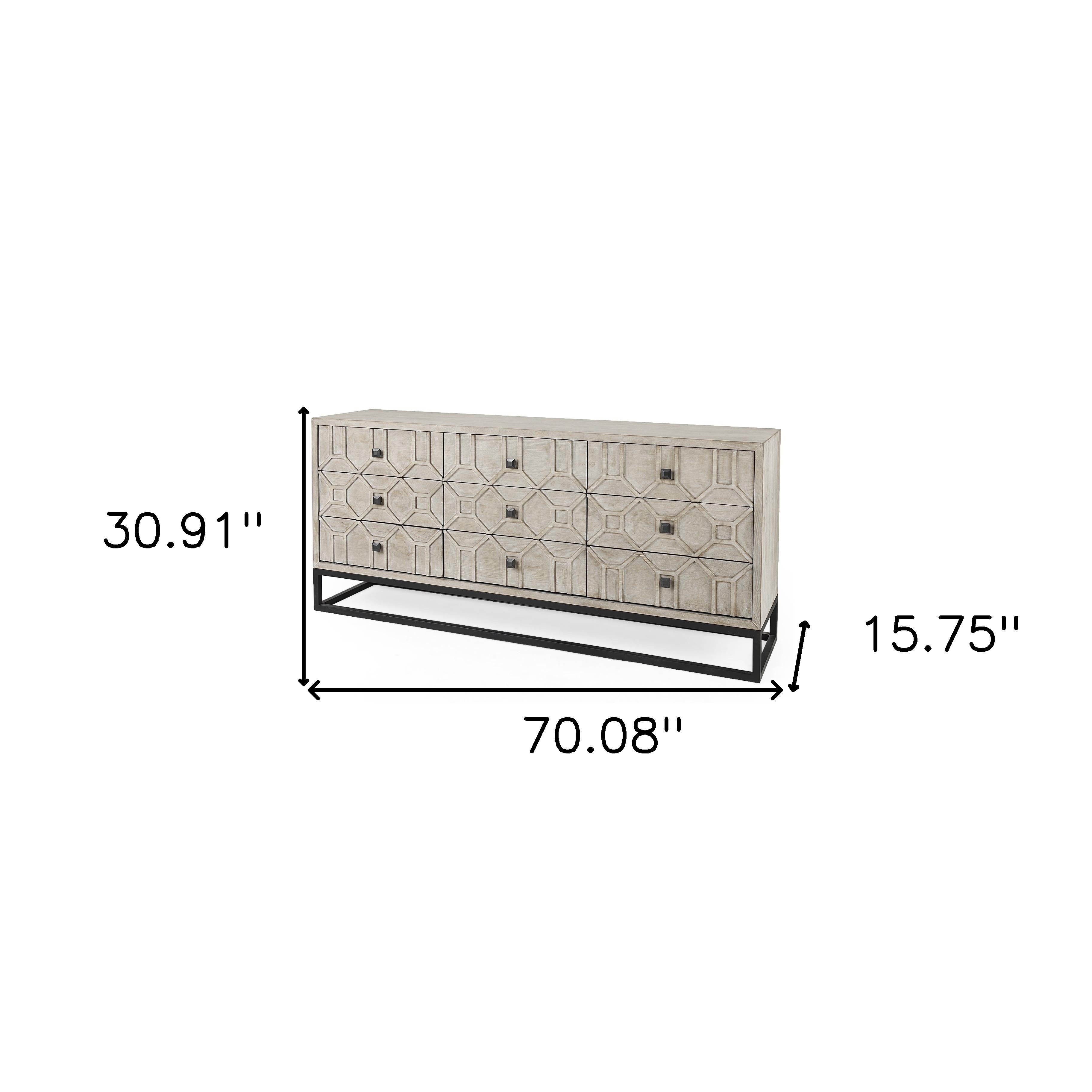 70" Light Brown Wood Carved Geometric Nine Drawer Sideboard