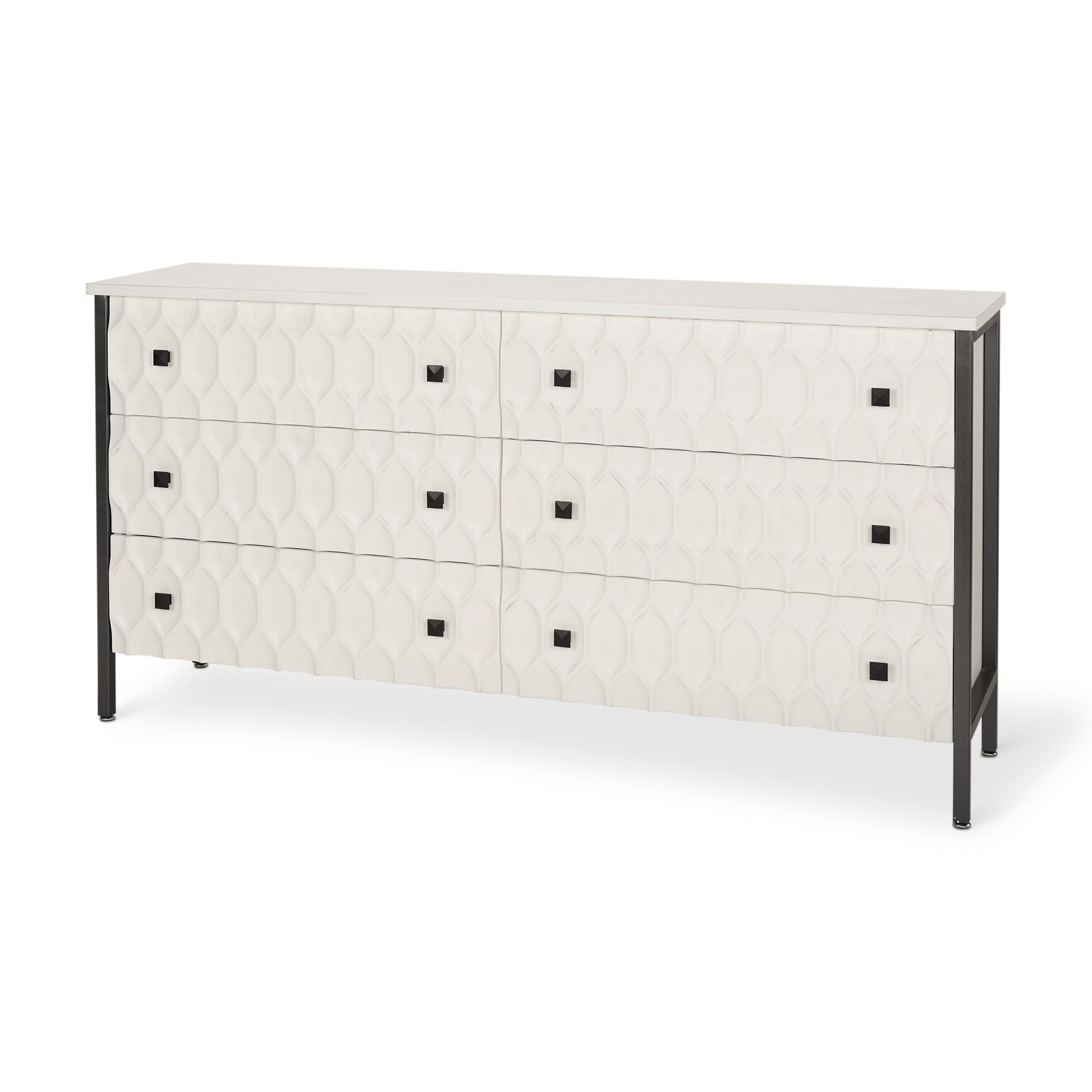 63" Gray And White Wood Carved Geometric Six Drawer Sideboard