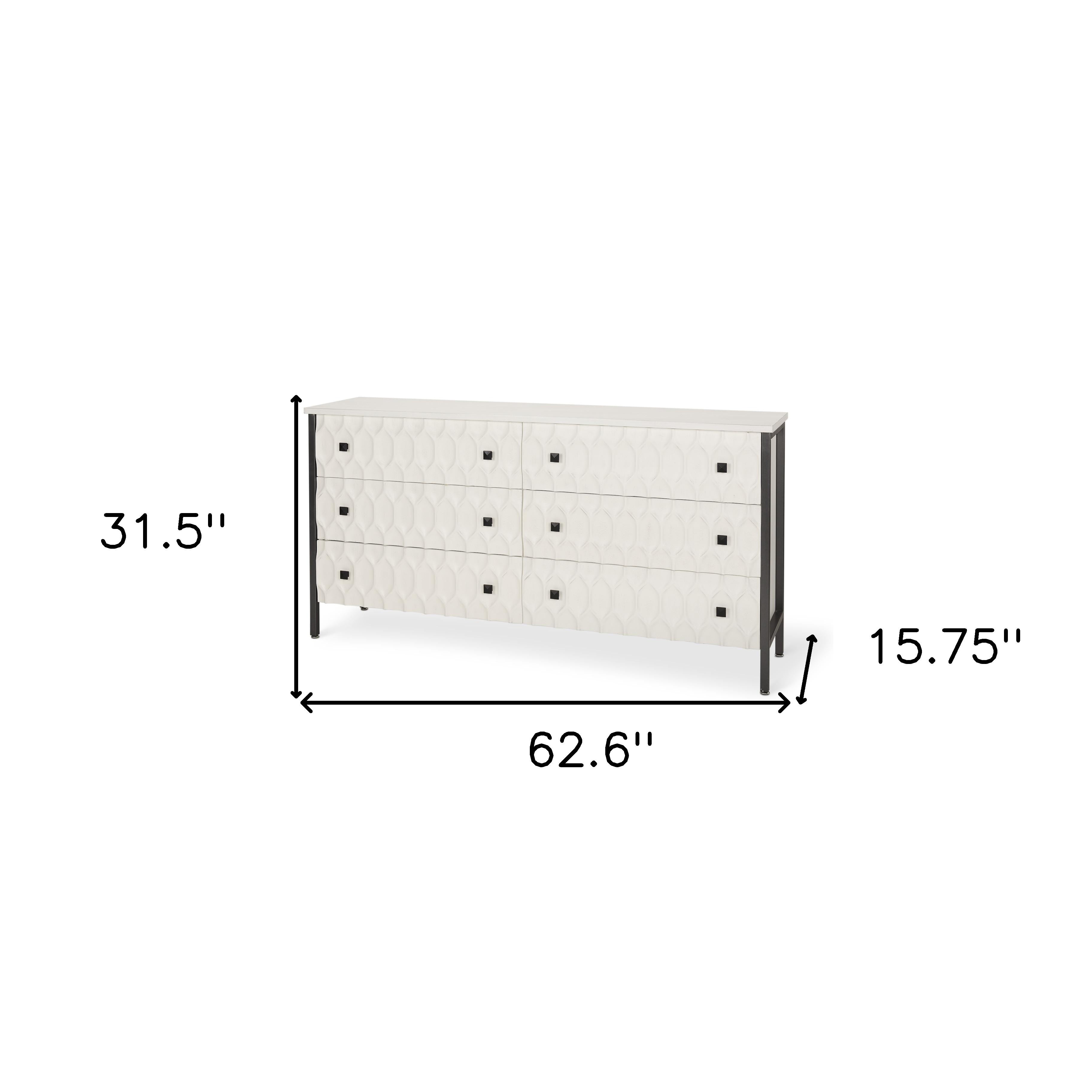63" Gray And White Wood Carved Geometric Six Drawer Sideboard