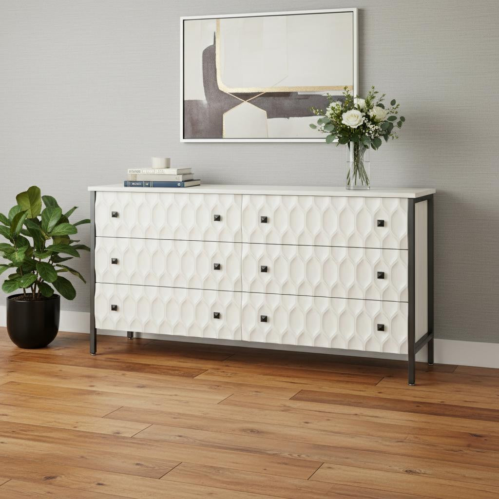 63" Gray And White Wood Carved Geometric Six Drawer Sideboard