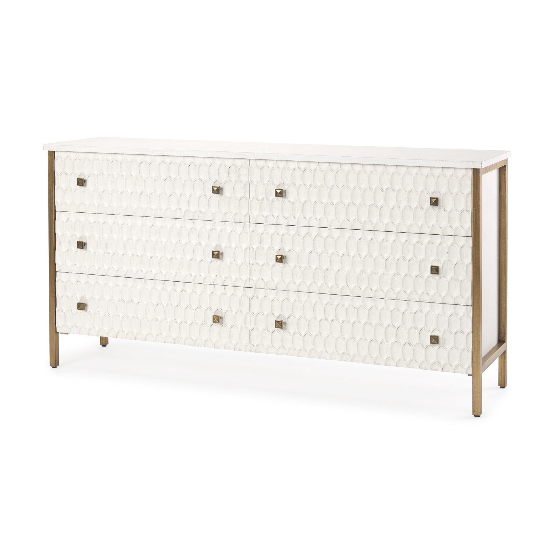 63" Gold And White Wood Carved Geometric Six Drawer Sideboard
