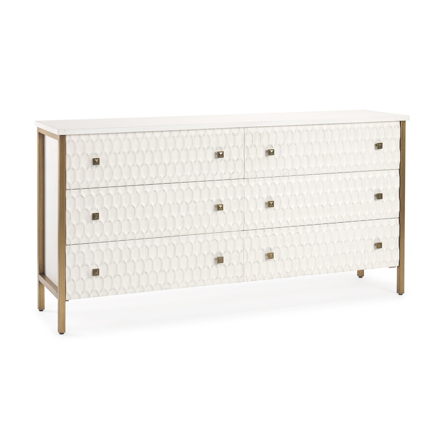 63" Gold And White Wood Carved Geometric Six Drawer Sideboard