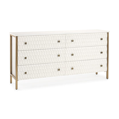 63" Gold And White Wood Carved Geometric Six Drawer Sideboard