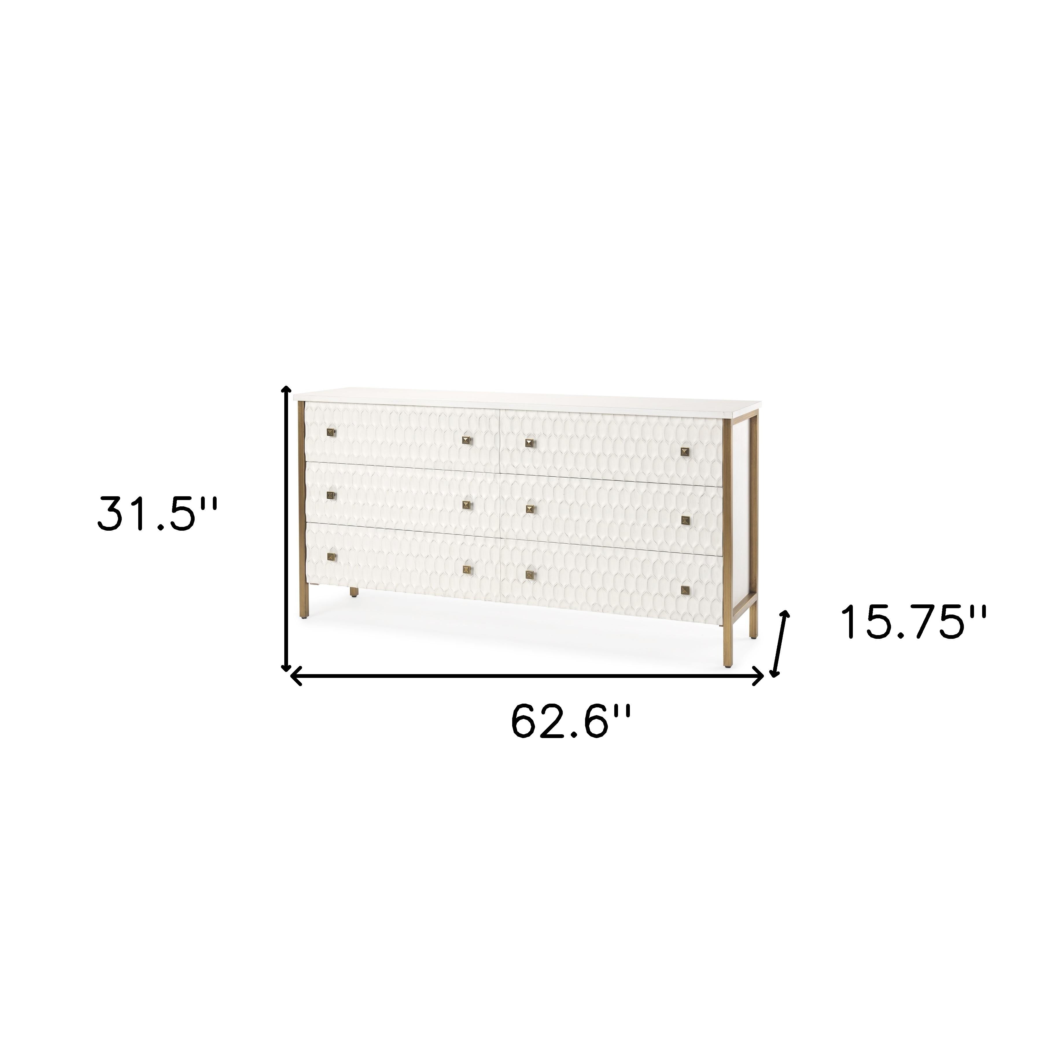 63" Gold And White Wood Carved Geometric Six Drawer Sideboard