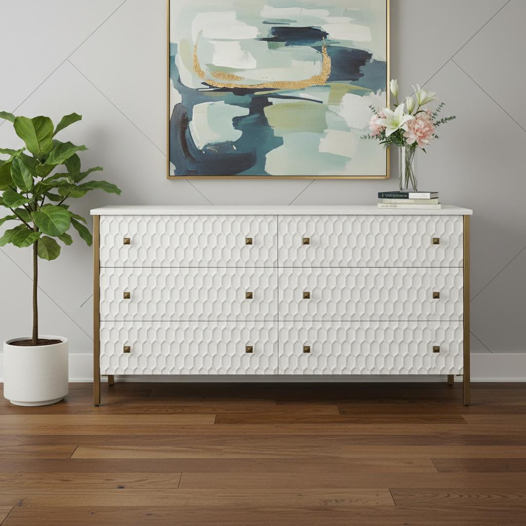 63" Gold And White Wood Carved Geometric Six Drawer Sideboard