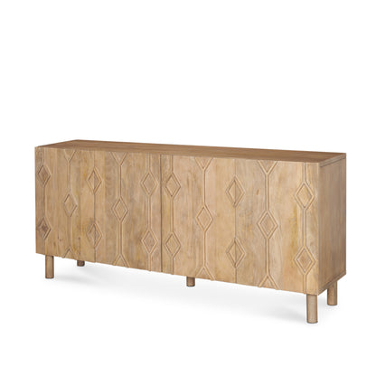 71" Light Brown Solid Wood Carved Geometric Sideboard Soft Close with Four Doors