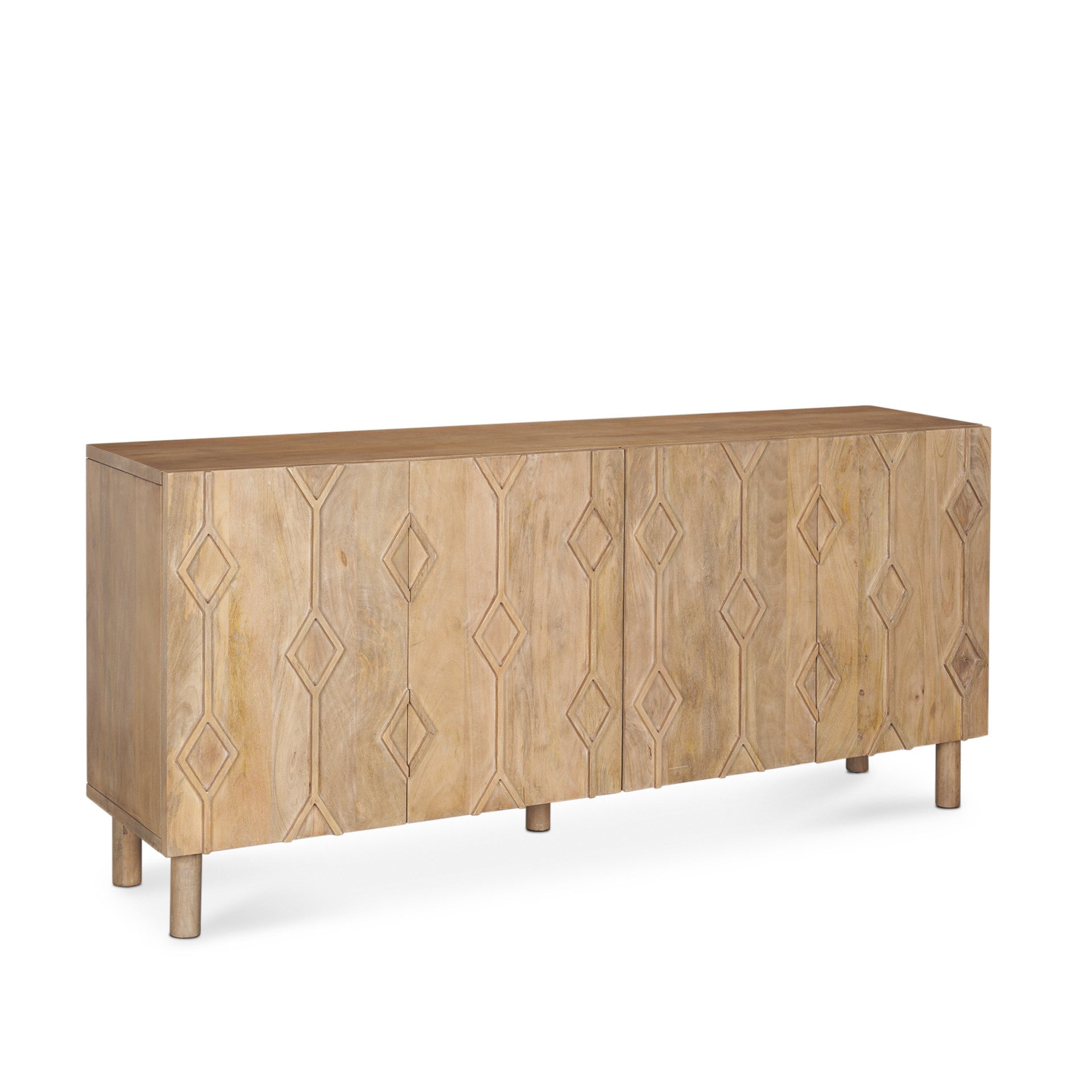 71" Light Brown Solid Wood Carved Geometric Sideboard Soft Close with Four Doors
