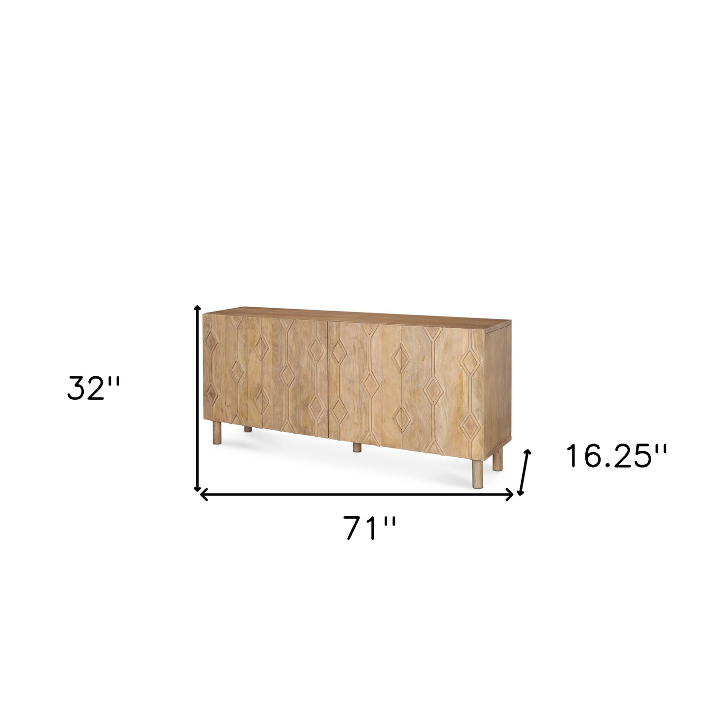 71" Light Brown Solid Wood Carved Geometric Sideboard Soft Close with Four Doors