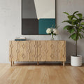 71" Light Brown Solid Wood Carved Geometric Sideboard Soft Close with Four Doors