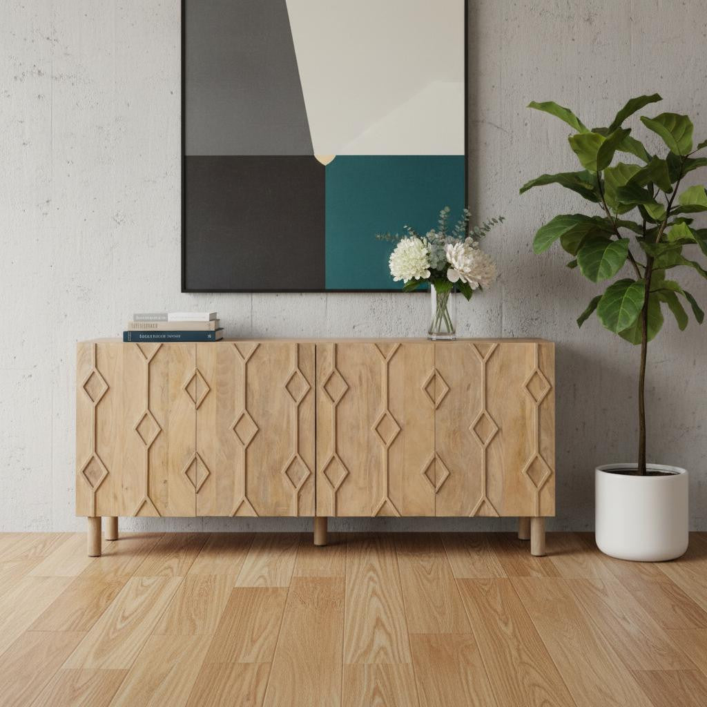 71" Light Brown Solid Wood Carved Geometric Sideboard Soft Close with Four Doors
