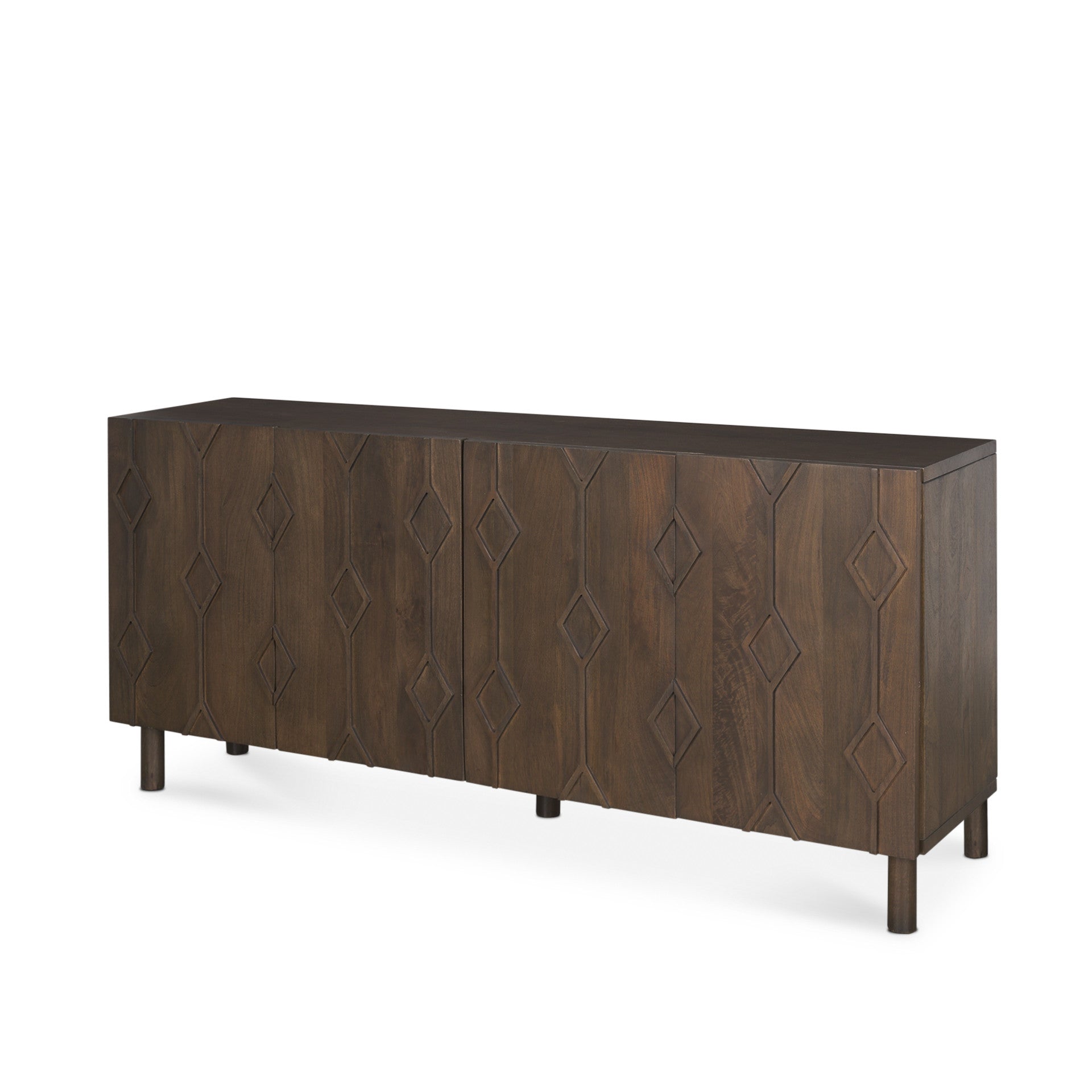 71" Dark Brown Solid Wood Carved Geometric Sideboard Soft Close with Four Doors