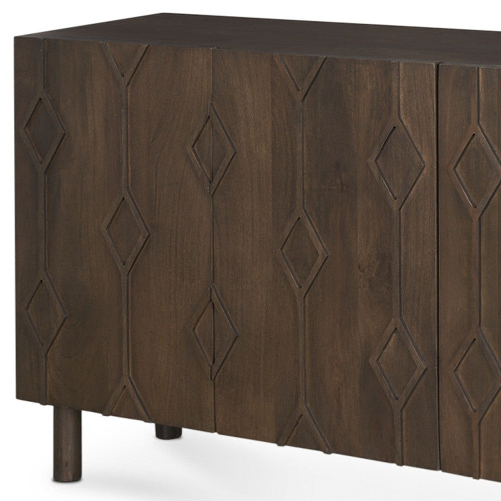 71" Dark Brown Solid Wood Carved Geometric Sideboard Soft Close with Four Doors