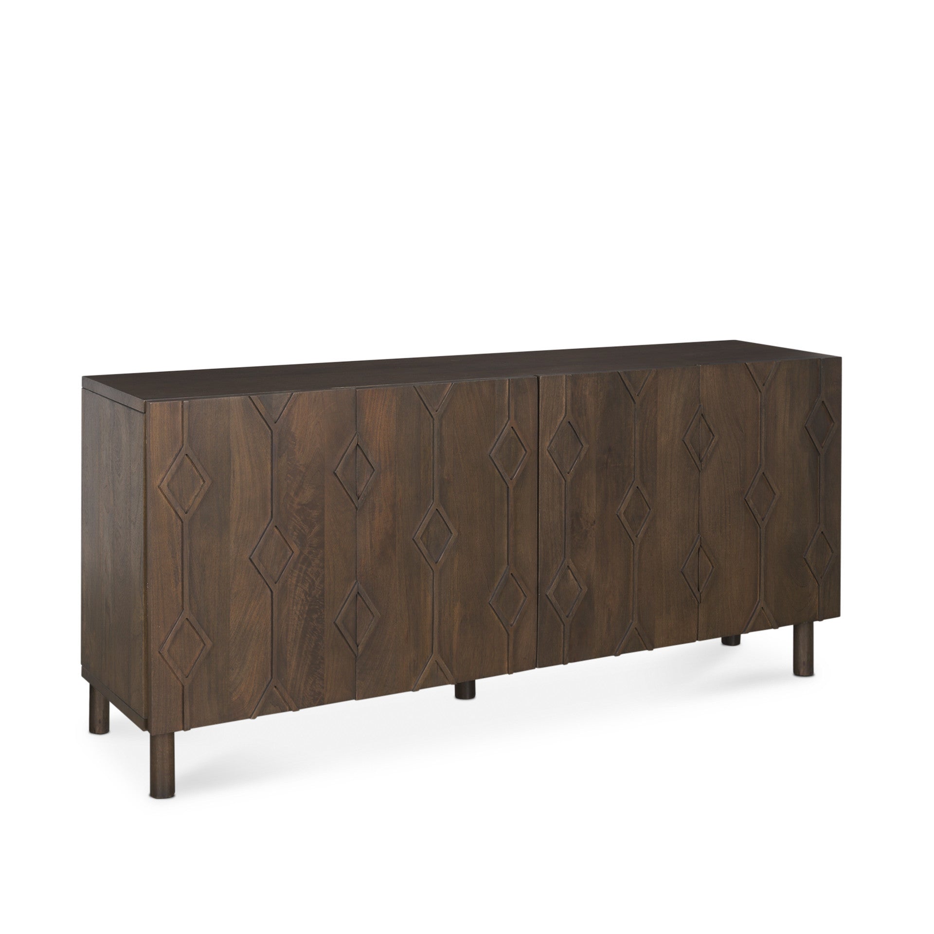 71" Dark Brown Solid Wood Carved Geometric Sideboard Soft Close with Four Doors