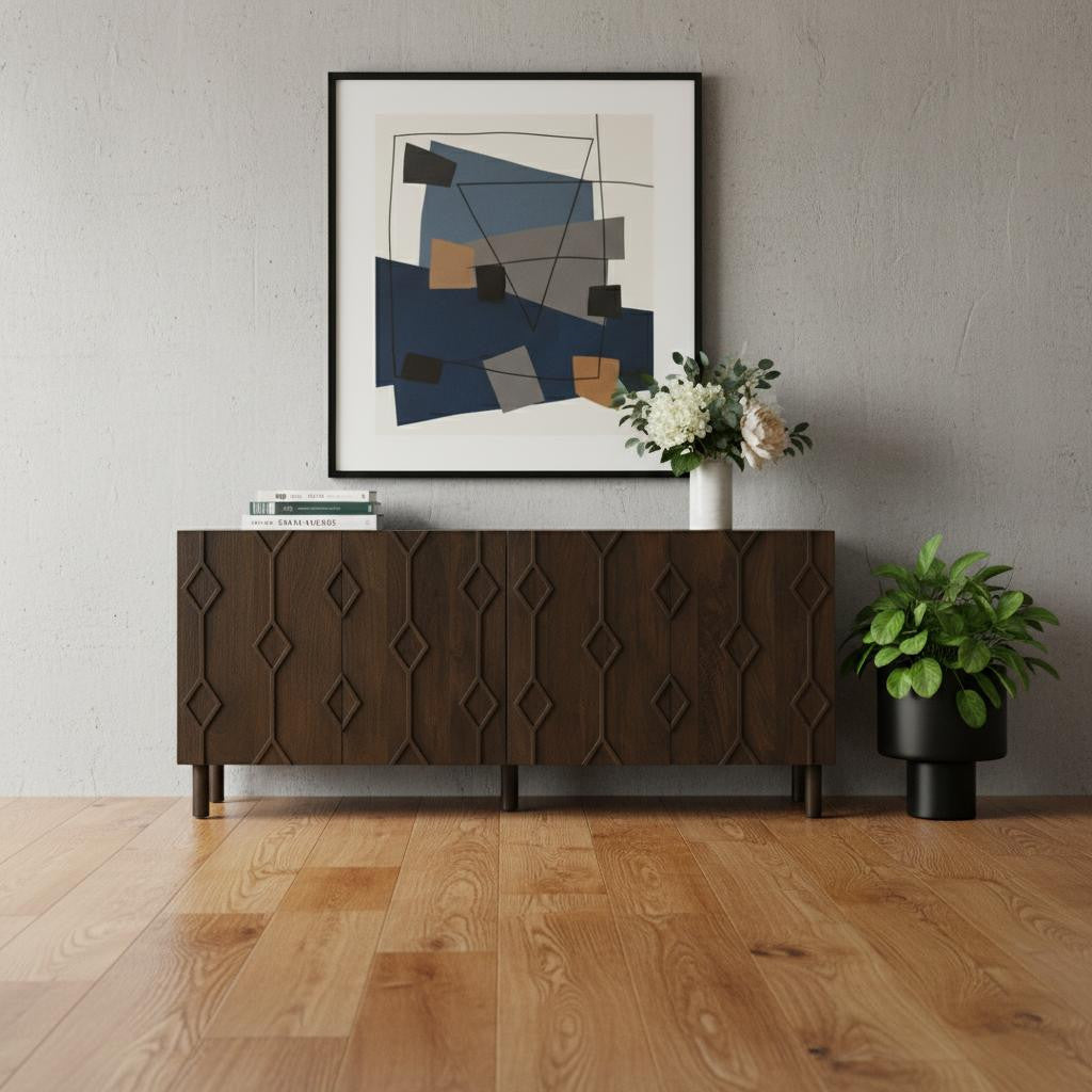 71" Dark Brown Solid Wood Carved Geometric Sideboard Soft Close with Four Doors