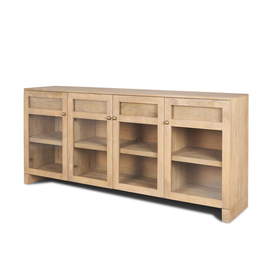 80" Light Brown Solid Wood Three Drawer Sideboard Soft Close with Four Glass Doors