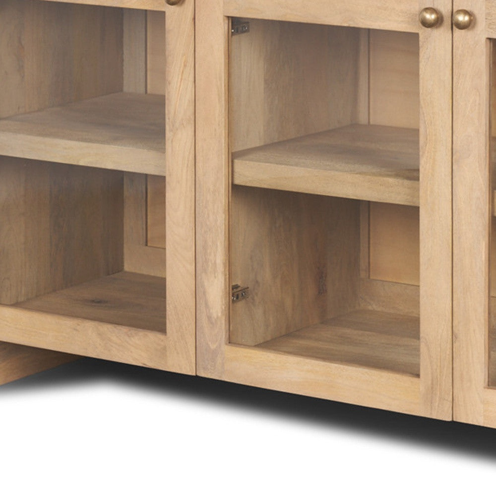 80" Light Brown Solid Wood Three Drawer Sideboard Soft Close with Four Glass Doors