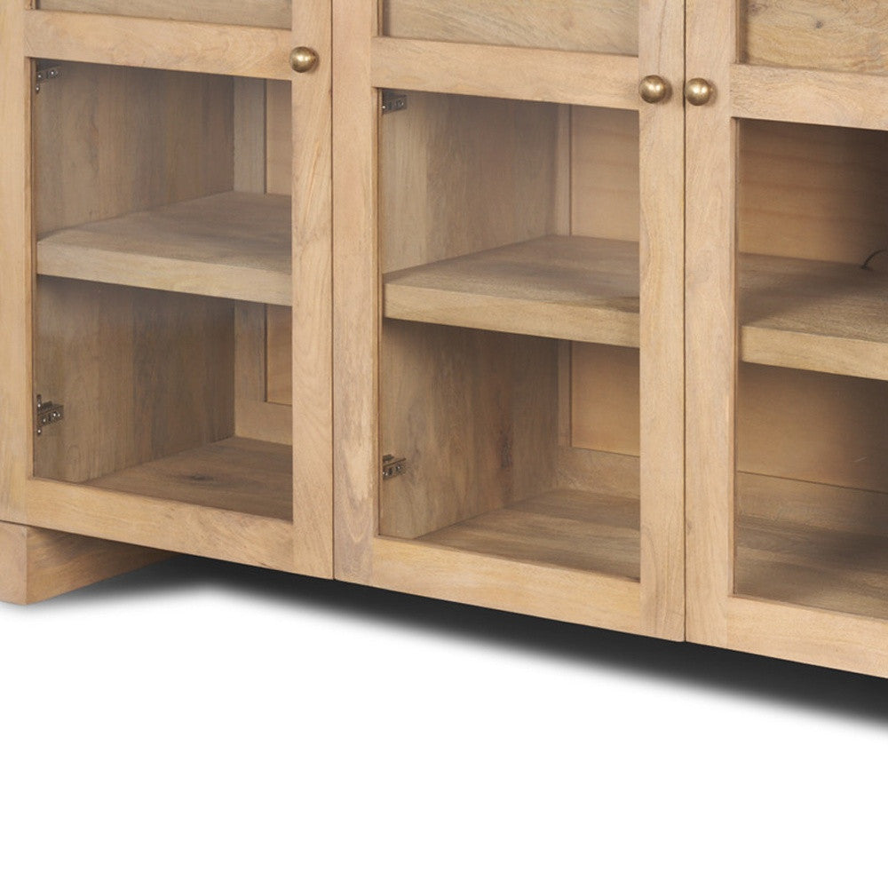 80" Light Brown Solid Wood Three Drawer Sideboard Soft Close with Four Glass Doors