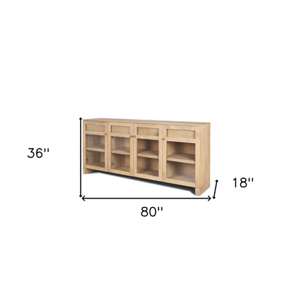 80" Light Brown Solid Wood Three Drawer Sideboard Soft Close with Four Glass Doors