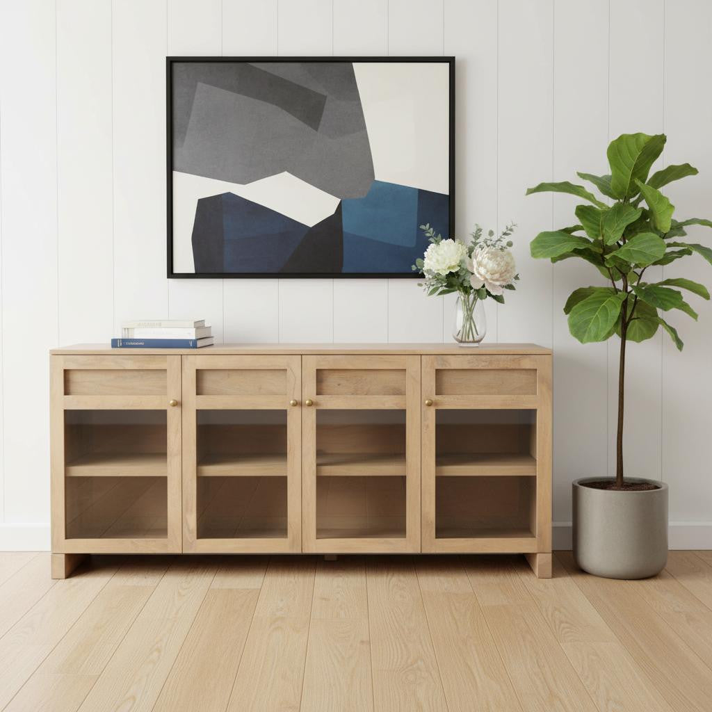 80" Light Brown Solid Wood Three Drawer Sideboard Soft Close with Four Glass Doors