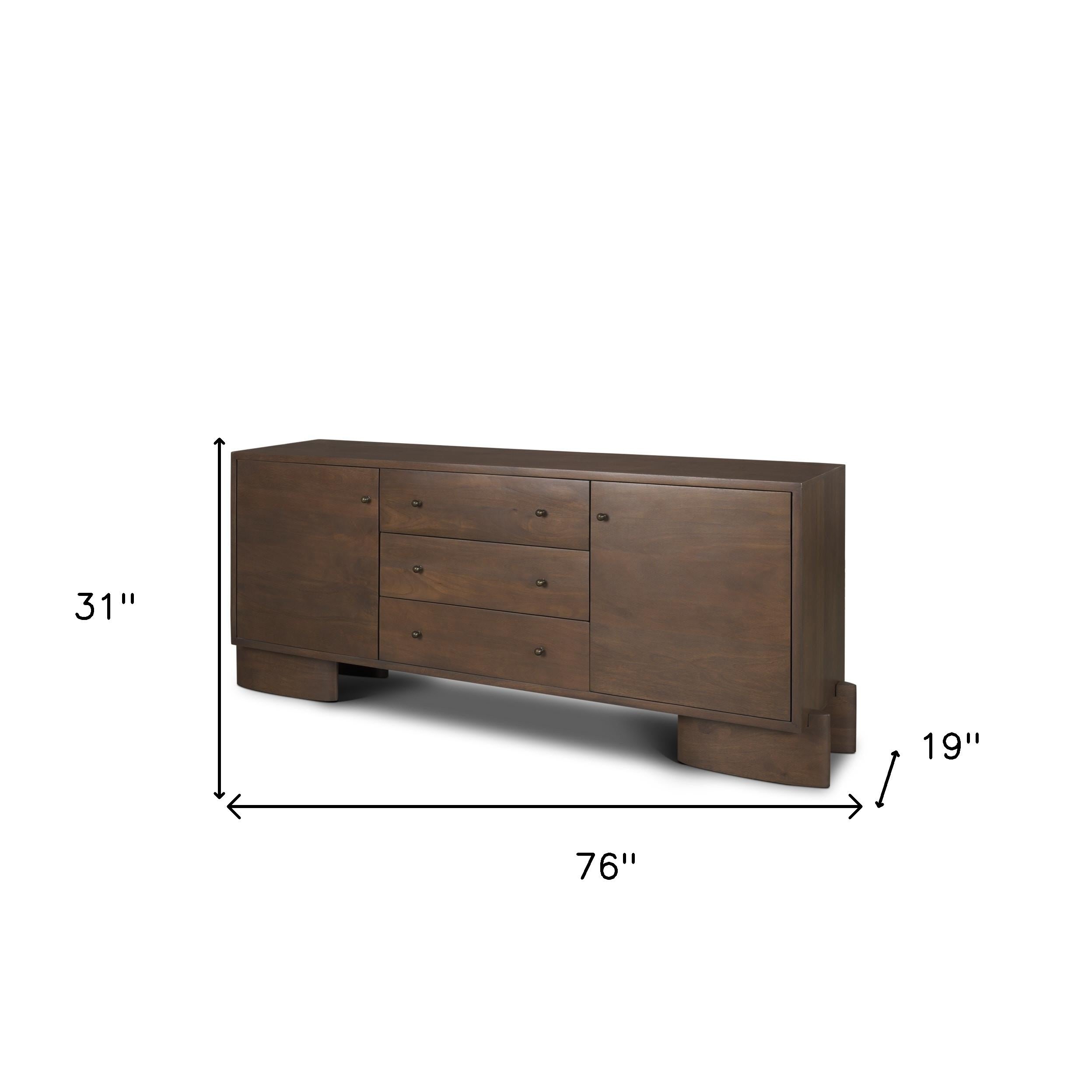 76" Brown Solid Wood Three Drawer Sideboard Soft Close with Two Doors