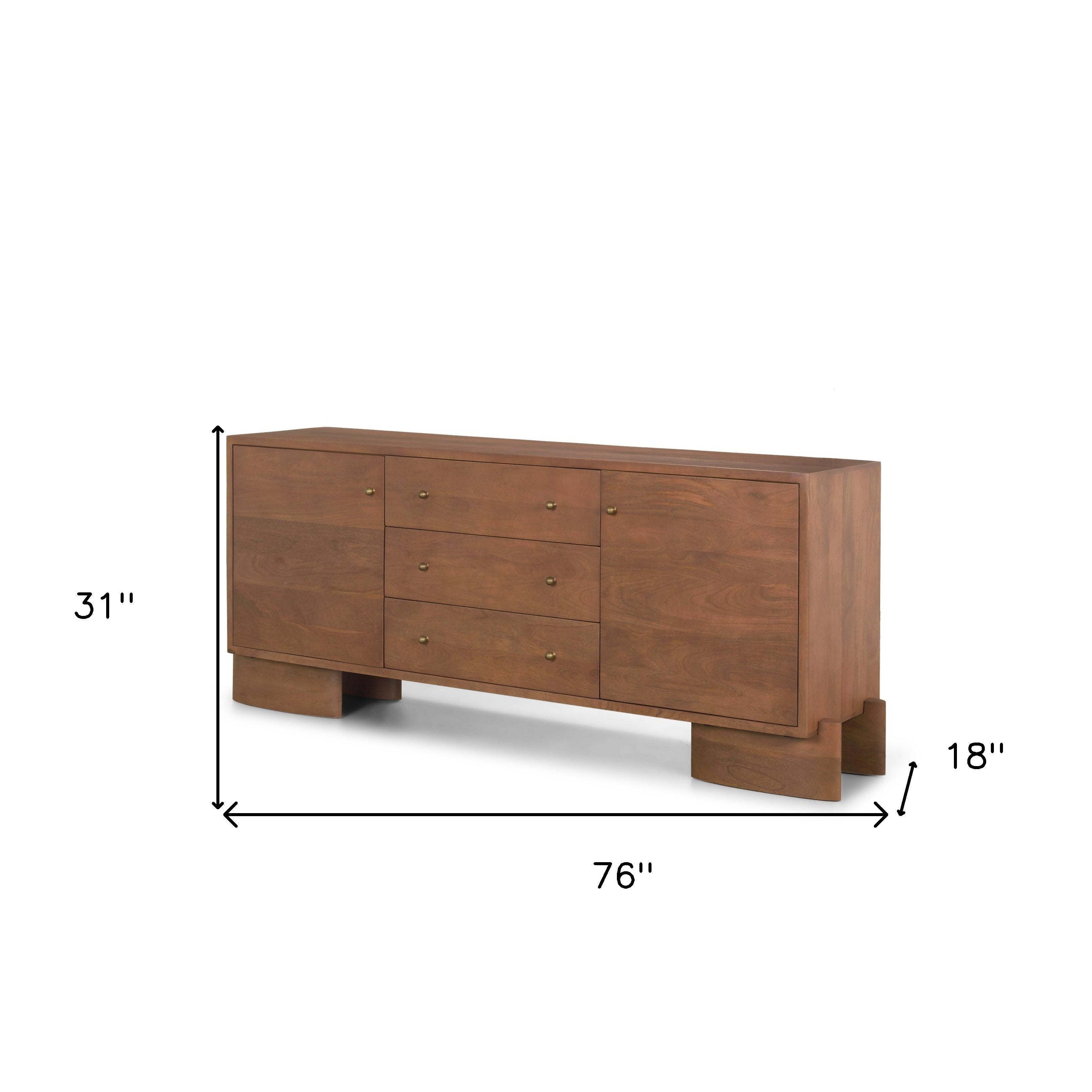 76" Brown Solid Wood Three Drawer Sideboard Soft Close with Two Doors