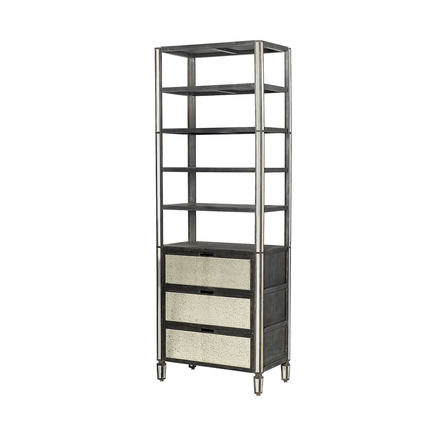 32" Dark Brown Solid Wood and Mirrored Glass Four Tier Bookcase with Three Drawers