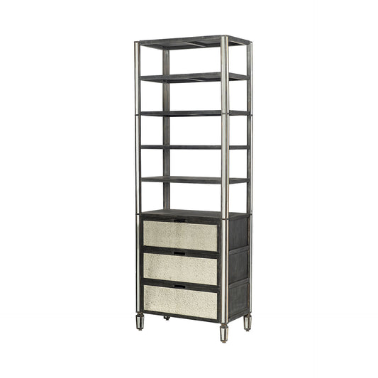 32" Dark Brown Solid Wood and Mirrored Glass Four Tier Bookcase with Three Drawers