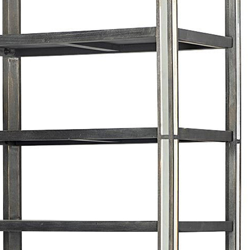 32" Dark Brown Solid Wood and Mirrored Glass Four Tier Bookcase with Three Drawers