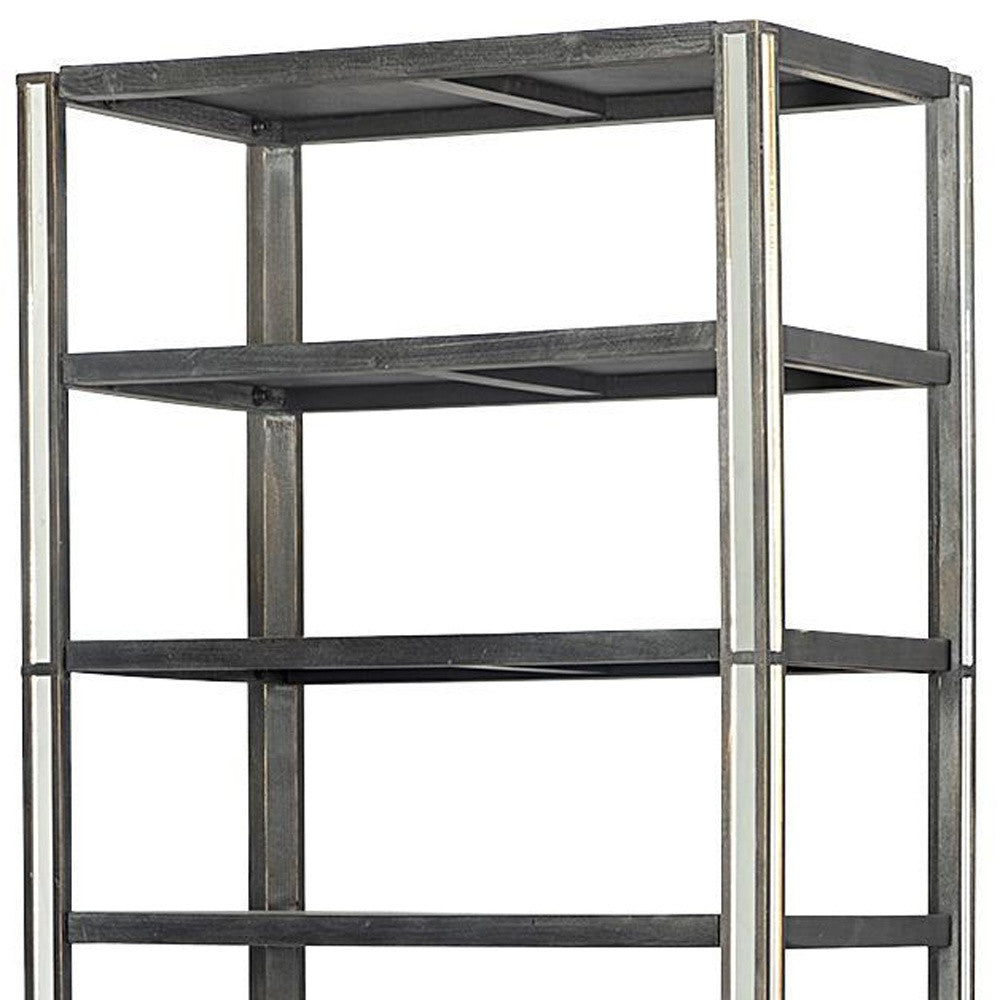 32" Dark Brown Solid Wood and Mirrored Glass Four Tier Bookcase with Three Drawers