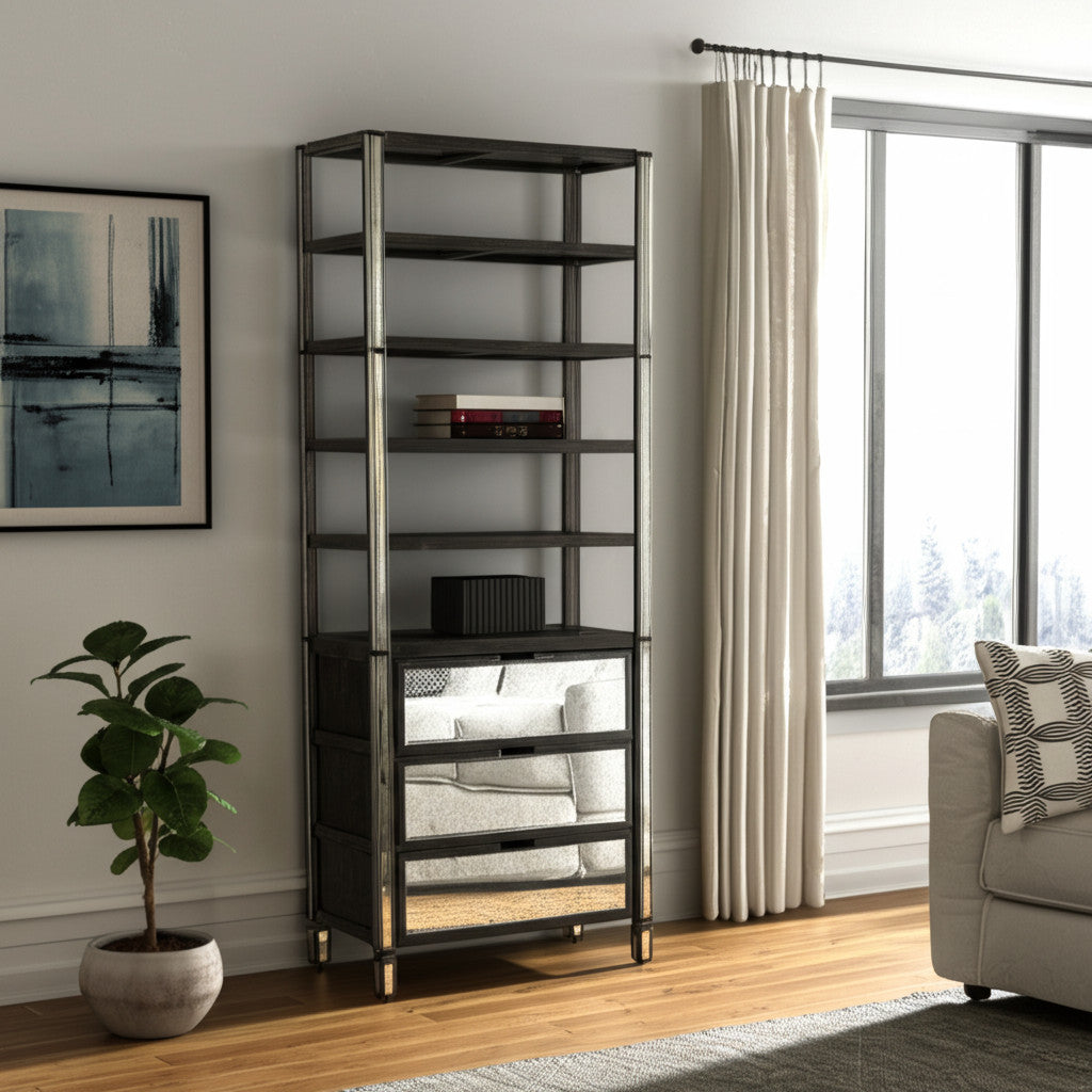 32" Dark Brown Solid Wood and Mirrored Glass Four Tier Bookcase with Three Drawers