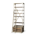 32" Light Brown And Nickel Metal and Solid Wood Six Tier Library Bookcase with Two Drawers