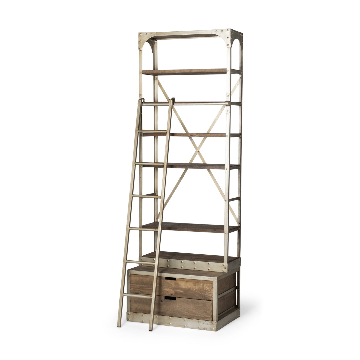 32" Light Brown And Nickel Metal and Solid Wood Six Tier Library Bookcase with Two Drawers