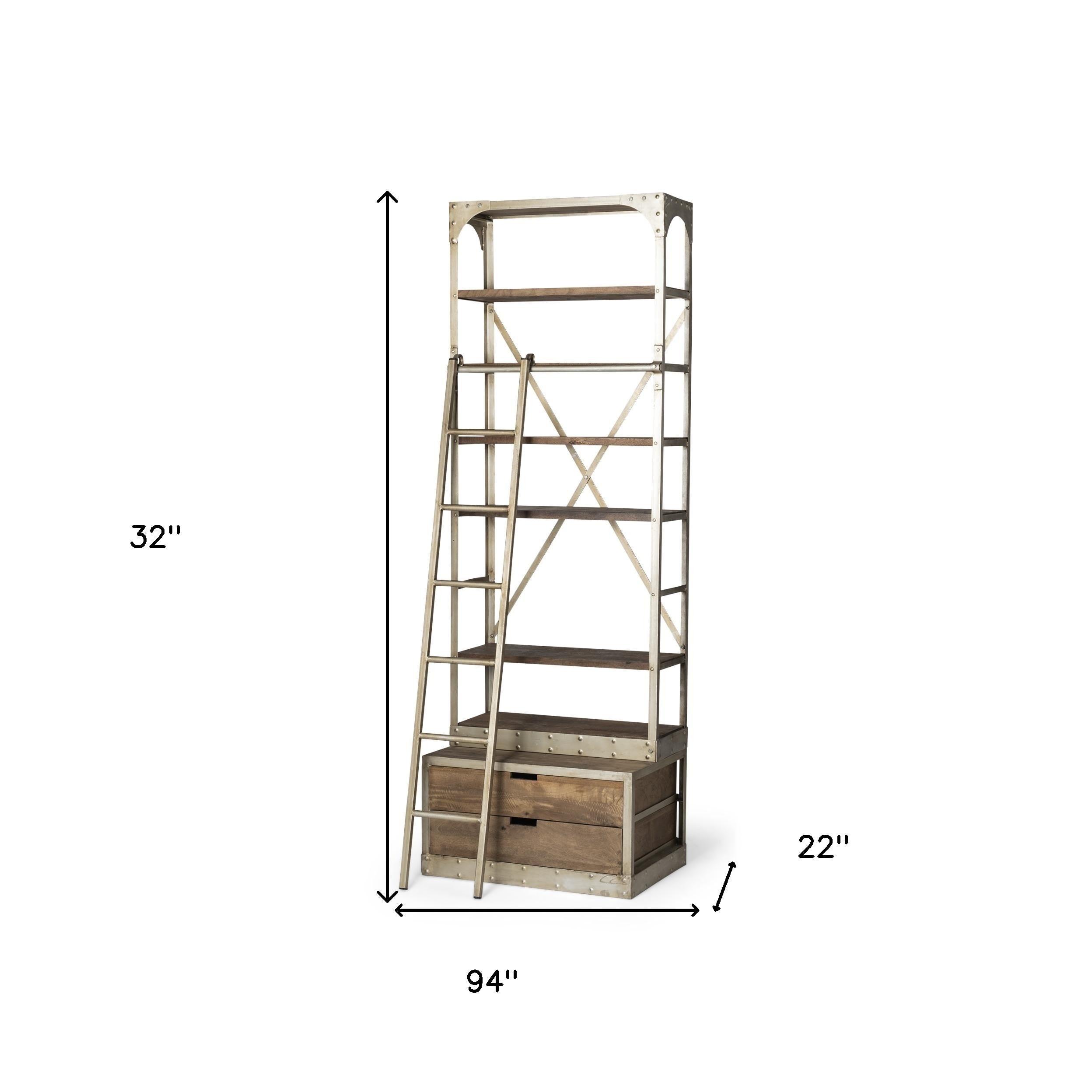 32" Light Brown And Nickel Metal and Solid Wood Six Tier Library Bookcase with Two Drawers