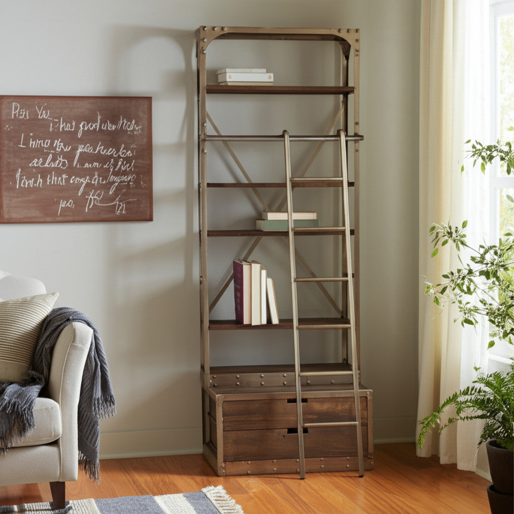 32" Light Brown And Nickel Metal and Solid Wood Six Tier Library Bookcase with Two Drawers