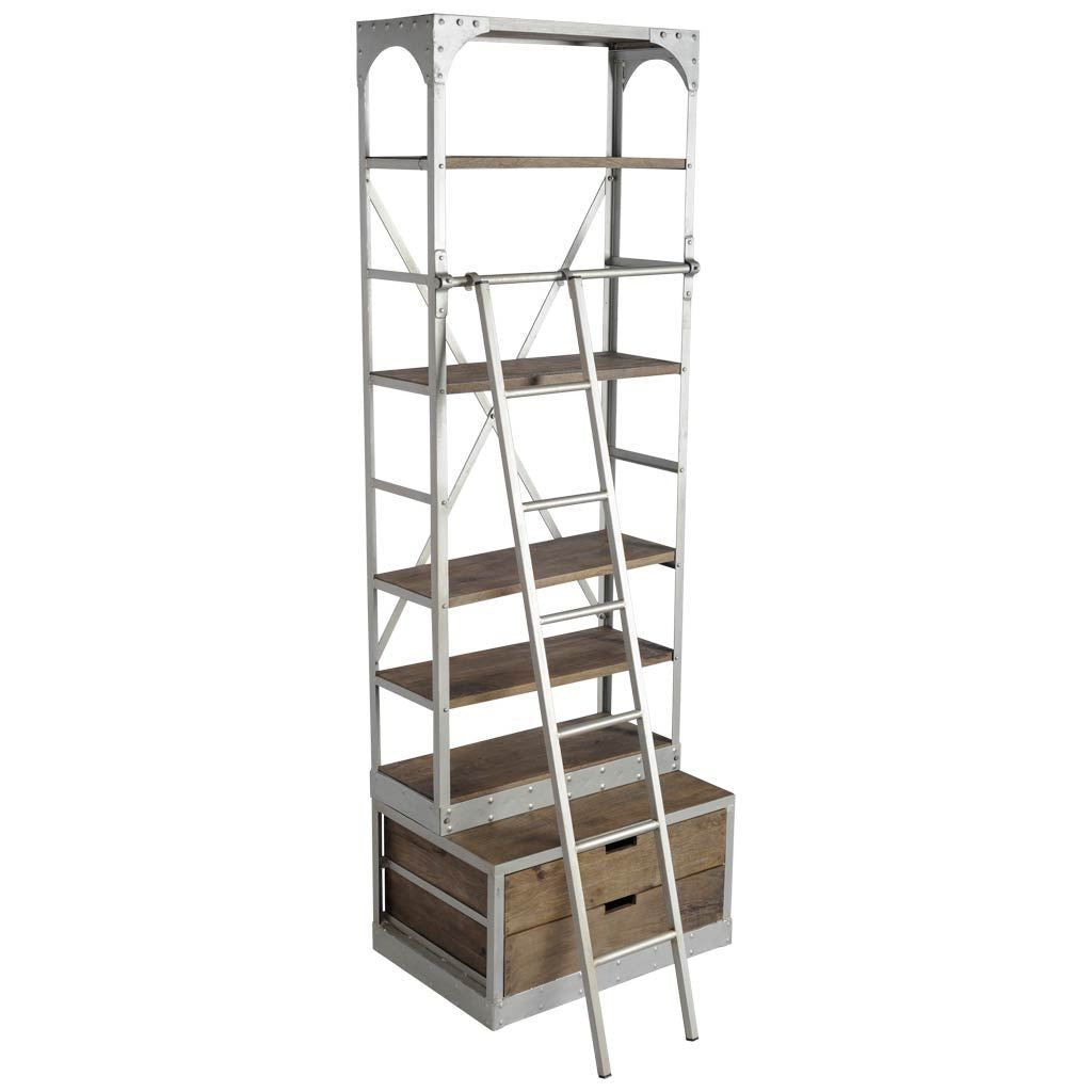 32" Light Brown And Nickel Metal and Solid Wood Five Tier Library Bookcase with Two Drawers