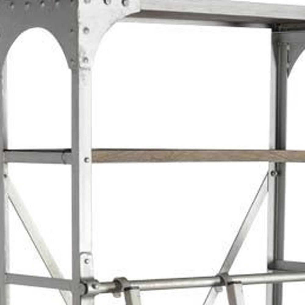 32" Light Brown And Nickel Metal and Solid Wood Five Tier Library Bookcase with Two Drawers