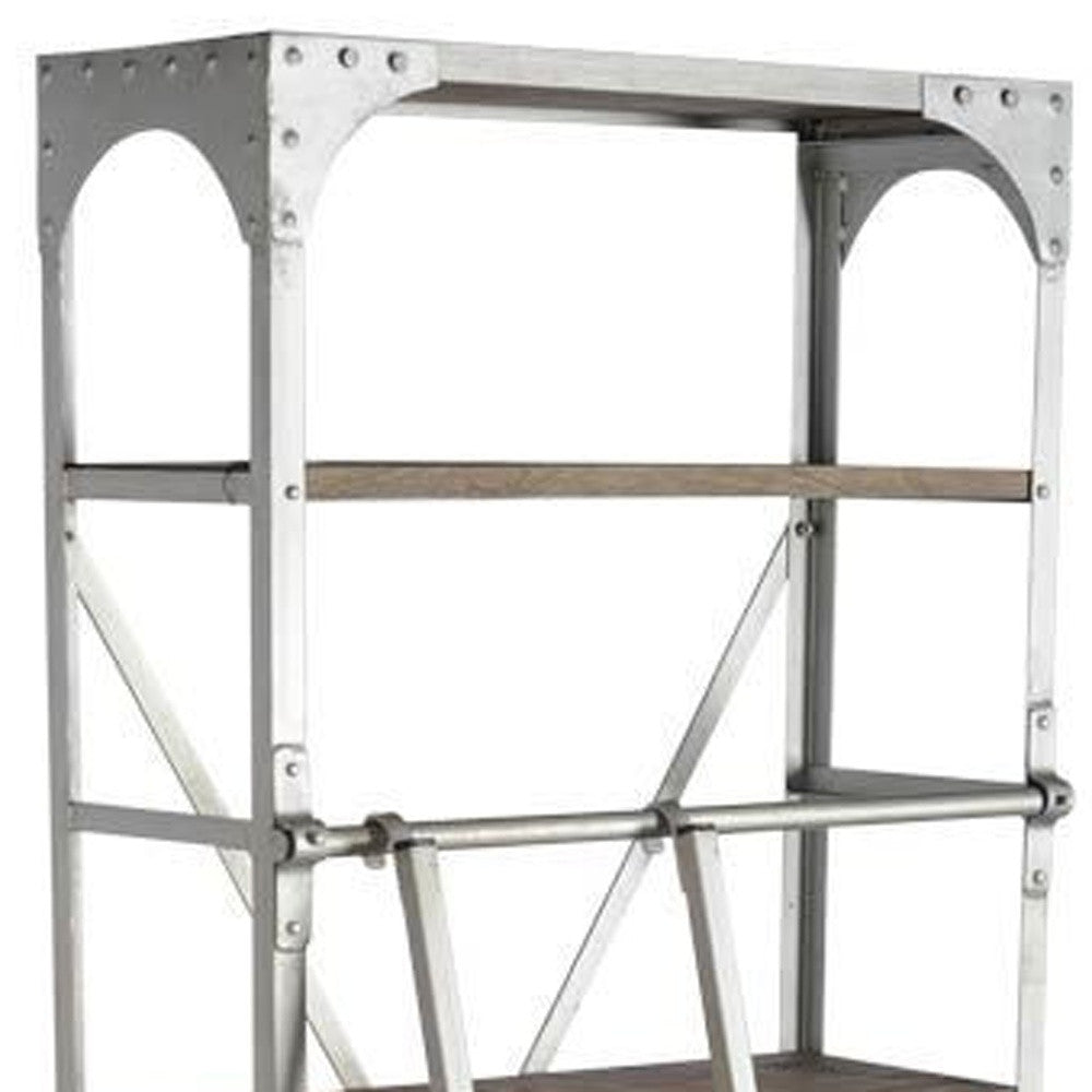 32" Light Brown And Nickel Metal and Solid Wood Five Tier Library Bookcase with Two Drawers