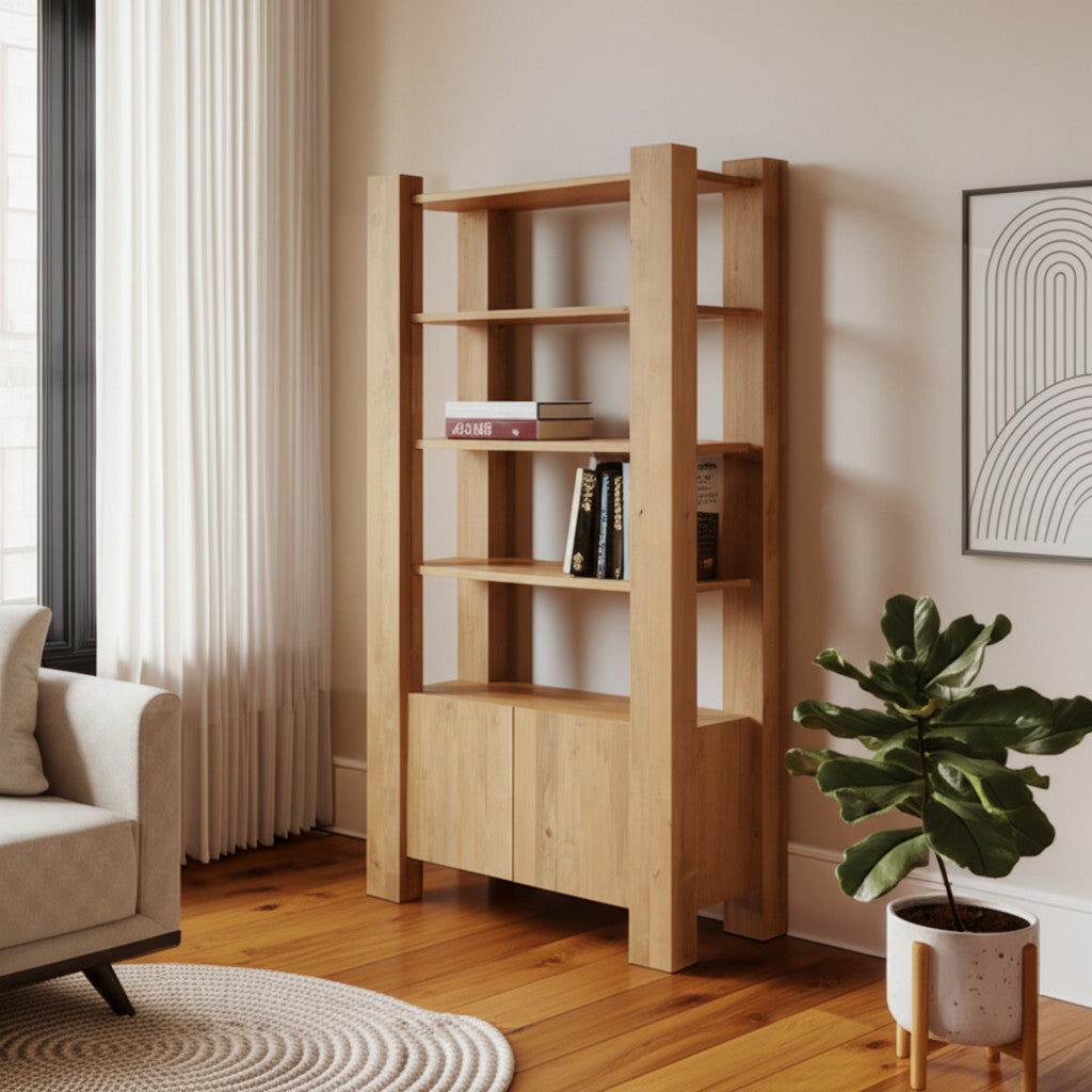 42" Natural Solid Wood Four Tier Bookcase with Two Doors